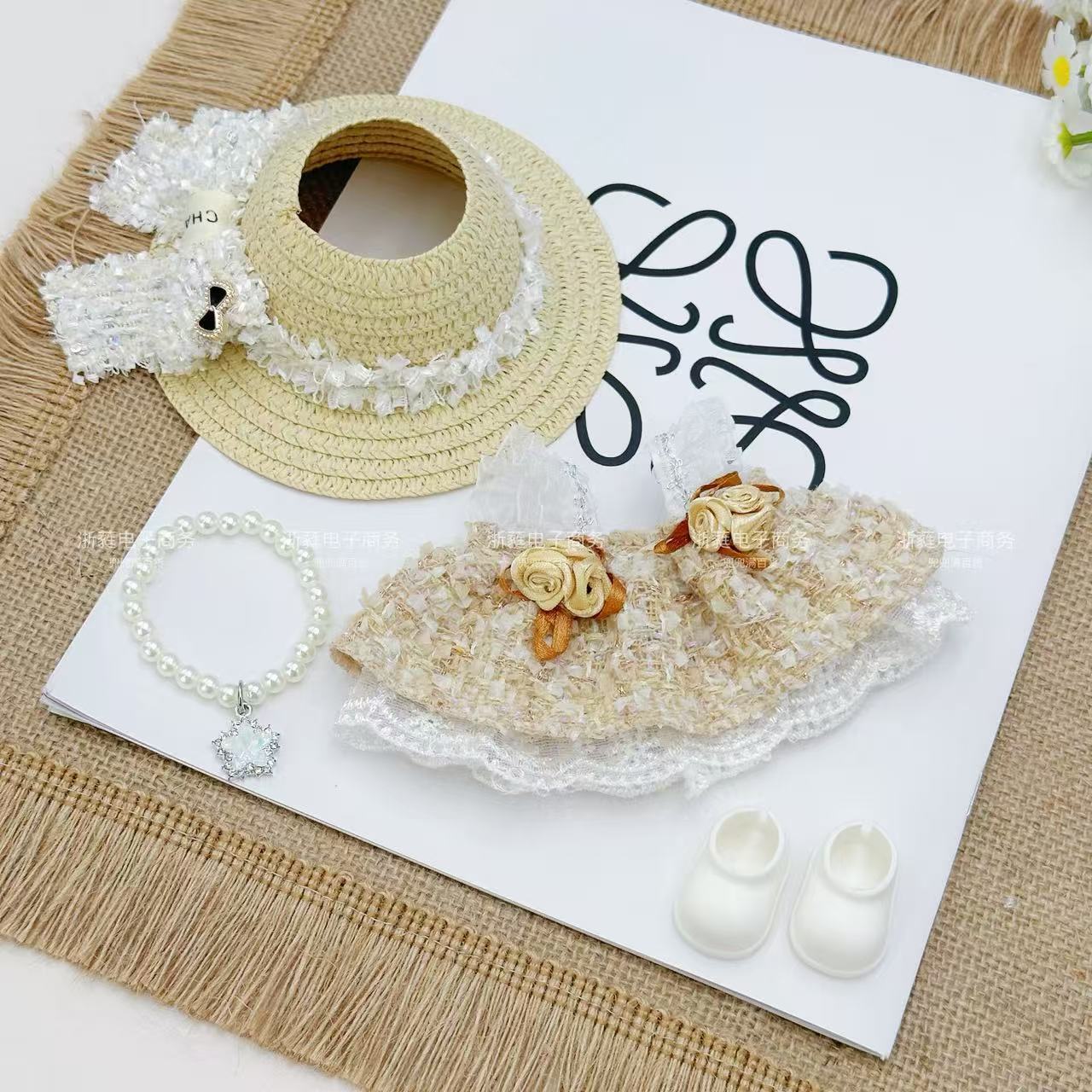 Summer new labubu empty top straw hat princess skirt necklace set Labubu standing posture universal baby clothes