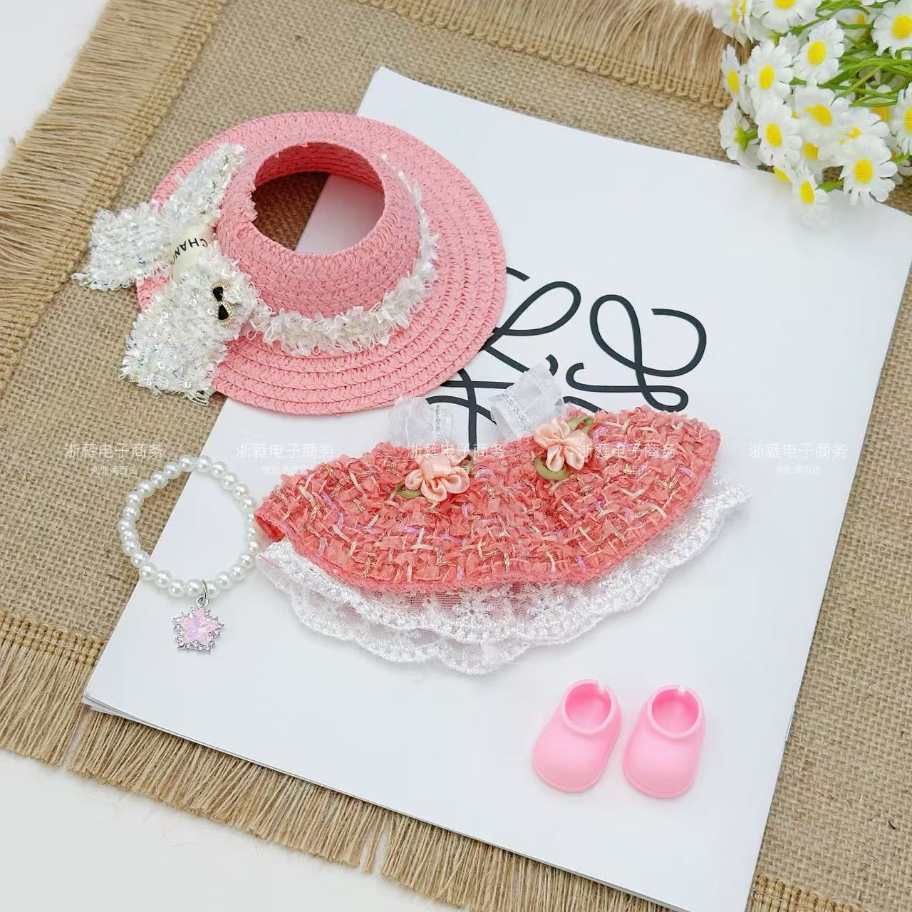 Summer new labubu empty top straw hat princess skirt necklace set Labubu standing posture universal baby clothes