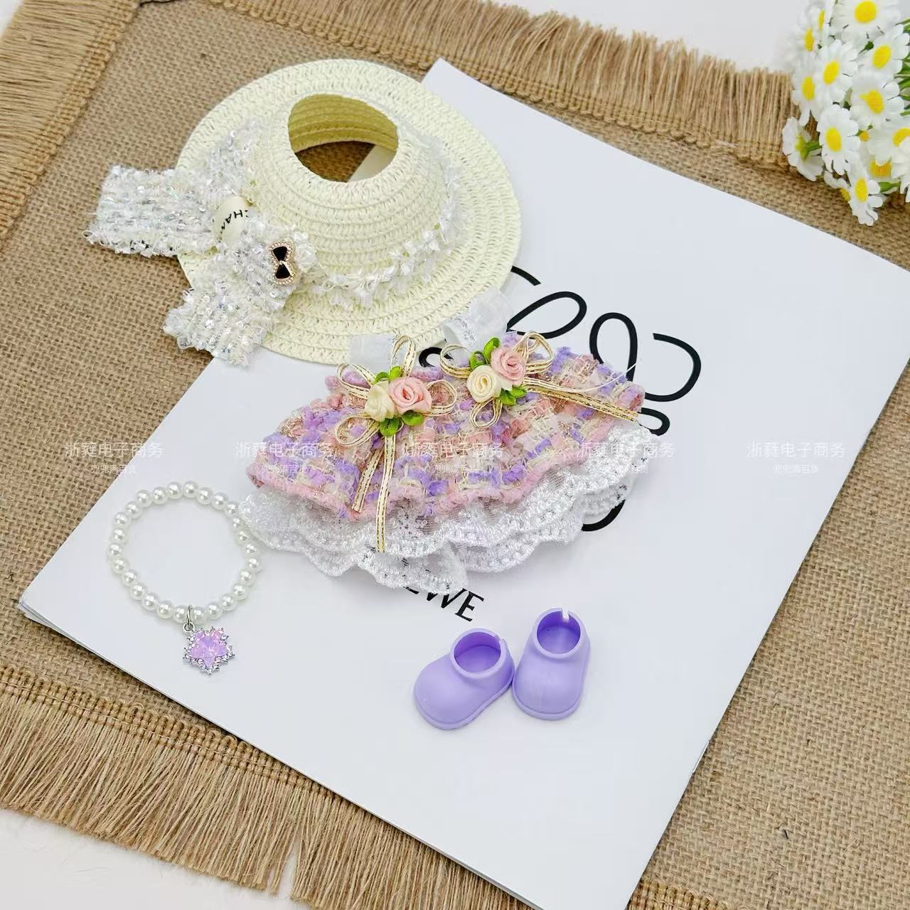 Summer new labubu empty top straw hat princess skirt necklace set Labubu standing posture universal baby clothes