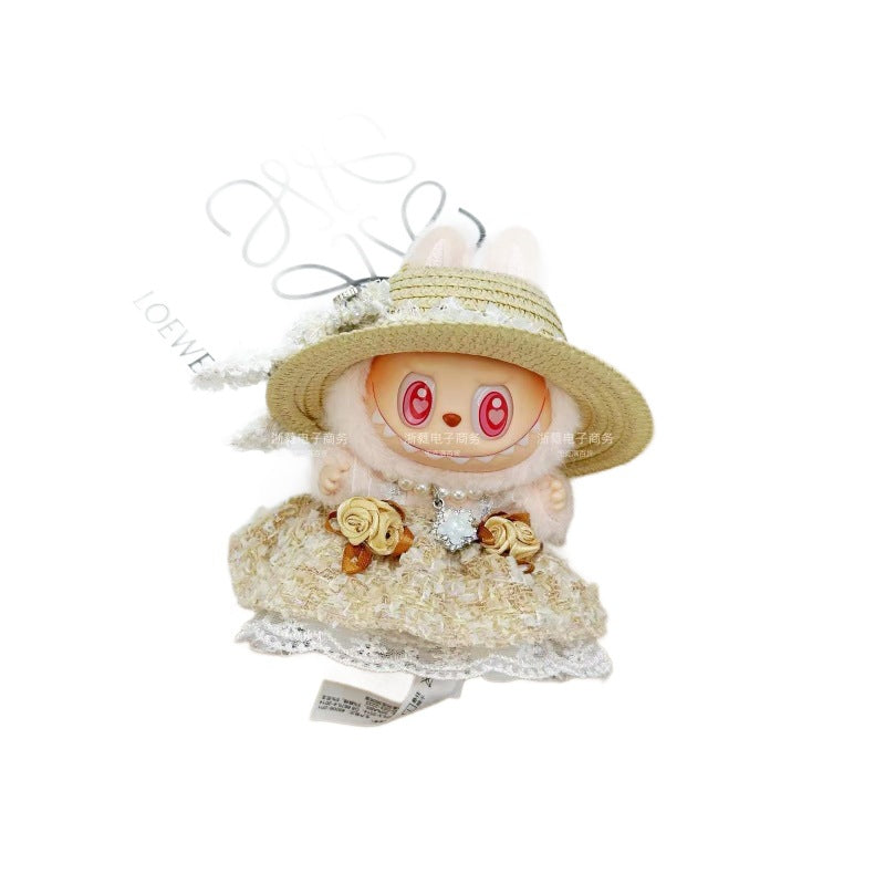 Summer new labubu empty top straw hat princess skirt necklace set Labubu standing posture universal baby clothes