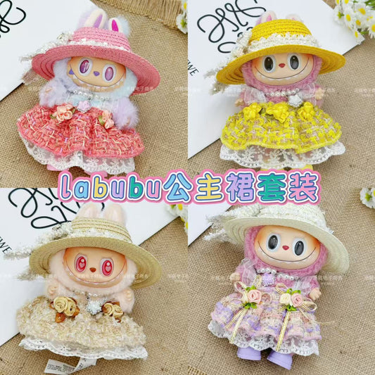 Summer new labubu empty top straw hat princess skirt necklace set Labubu standing posture universal baby clothes